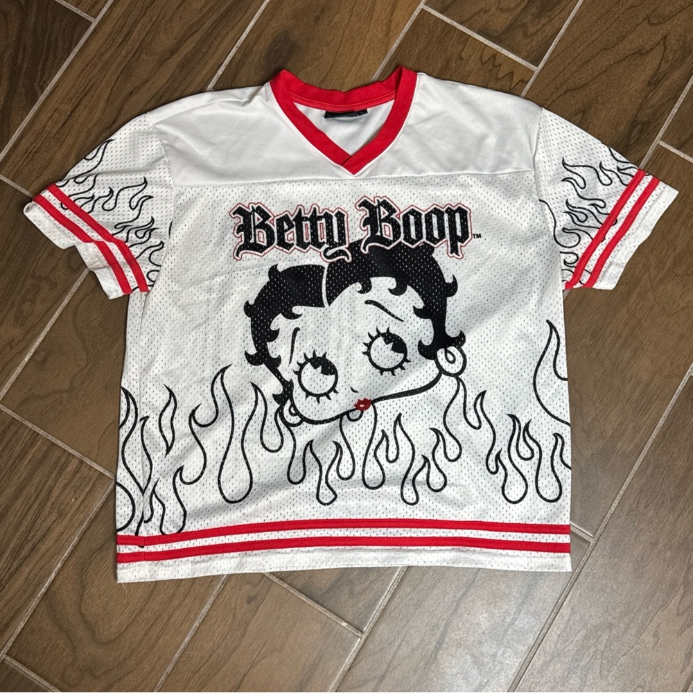 Betty Boop White & Red Flame Graphic Mesh Jersey